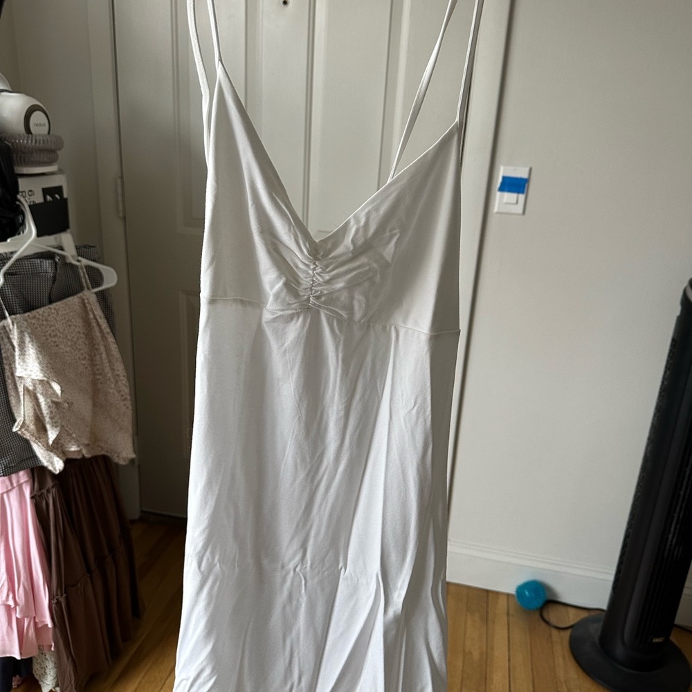 Forever 21 White Satin Ruched V-Neck Slip Dress